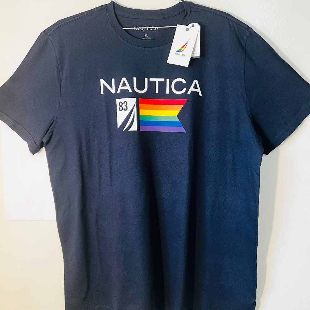 "Nautica" Men's Size "XL" PRIDE Graphic Sleep T-Shirt - Navy Blue/PRIDE Colors